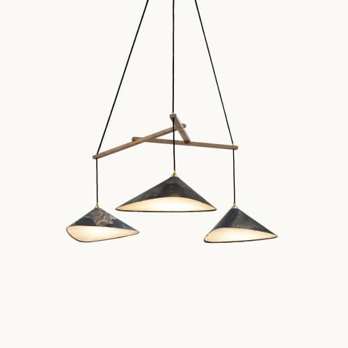 Emily Group of Three Oxid | Chandeliers by MOSS Objects. Item made of oak wood & fabric compatible with minimalism and mid century modern style