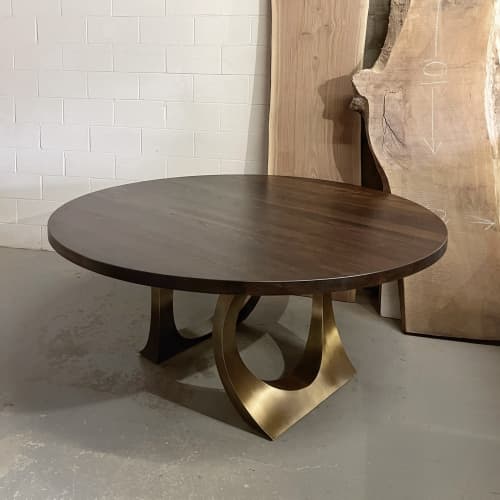 Charcoal Walnut Round Halo Table | Dining Table in Tables by YJ Interiors. Item composed of walnut and brass in mid century modern or eclectic & maximalism style