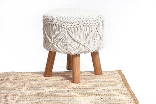 Artisanal Craft Macrame Wood Stool_Mango wood chair | Chairs by Humanity Centred Designs. Item made of wood with cotton works with boho & minimalism style