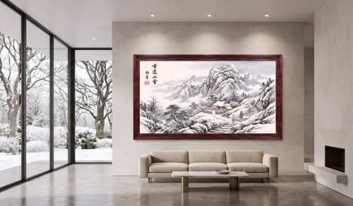 Hand-Painted Winter Landscape Traditional Chinese Silk Art I | Oil And Acrylic Painting in Paintings by Dynasty Artisan. Item made of wood with glass works with contemporary & eclectic & maximalism style
