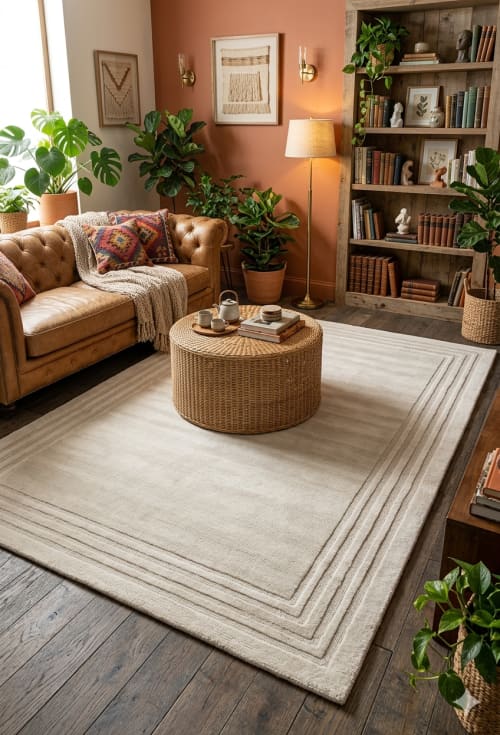Beige Area Rug Carved Border Carpet Cream Minimalist Decor H | Rugs by Krafcreation. Item made of cotton