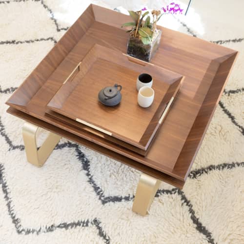The "Le Tray Table" Coffee Table - Curved Legs | Tables by Marie Burgos Design and Collection. Item made of oak wood with brass