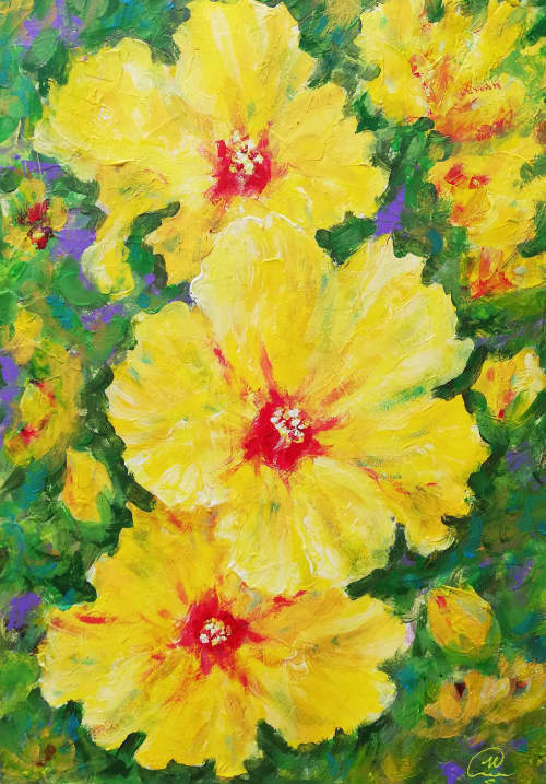Yellow Hibiscus - Original Painting | Oil And Acrylic Painting in Paintings by Iryna Fedarava. Item composed of paper in contemporary or modern style