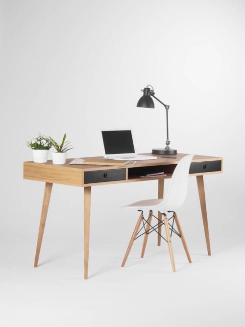 Large modern oak desk, computer table, with black drawers | Tables by Mo Woodwork. Item composed of oak wood compatible with minimalism and mid century modern style
