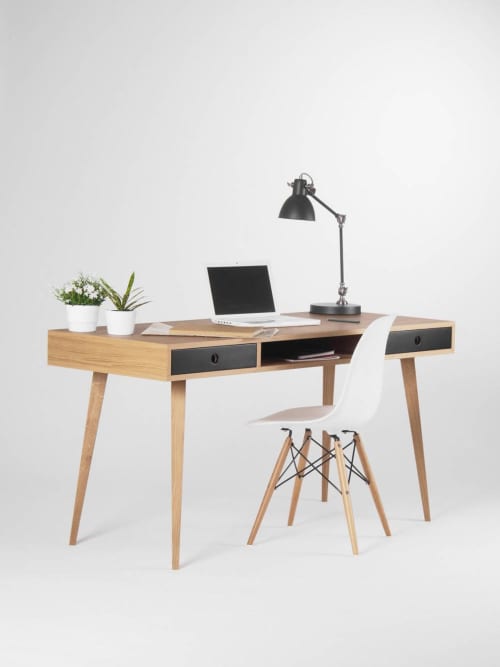 KUUB - Large modern oak desk, computer table, black drawer | Tables by Mo Woodwork. Item composed of oak wood compatible with minimalism and mid century modern style