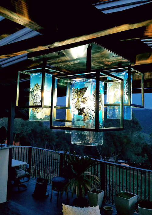 Gabbietta Blue | Chandeliers by Illuminata Art Glass Design by Julie Conway. Item made of bronze with glass works with boho & industrial style
