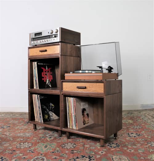 MODS stackable bookcase vinyl record case storage system | Book Case in Storage by GideonRettichWoodworker. Item made of walnut works with minimalism & mid century modern style