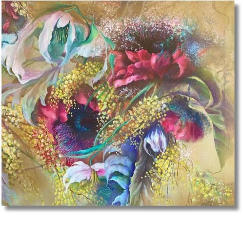 Dance de Fleurs (African poppies and mimosas) | Oil And Acrylic Painting in Paintings by Christiane Papé. Item composed of canvas and synthetic