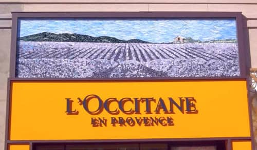 Lavender Fields Glass Mosaic Murals for storefront | Art & Wall Decor by JK Mosaic, LLC | Avalon in Alpharetta. Item made of glass