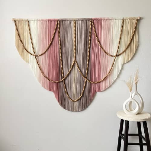 Pastel Modern Boho Aesthetic Fiber Art Wall Hanging | Macrame Wall Hanging in Wall Hangings by Mercy Designs Boho. Item made of birch wood with fiber works with boho & minimalism style