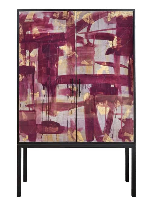 Pratt Armoire by Morgan Clayhall, mix media artwork on doors | Sideboard in Storage by Morgan Clayhall. Item made of walnut with steel works with contemporary & eclectic & maximalism style