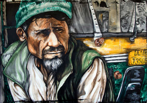 “Rickshaw driver” | Mixed Media by Hugo Medina. Item made of canvas with synthetic