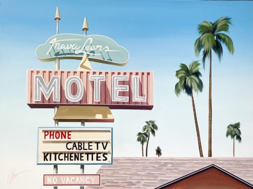 Original Painting - Travaleers motel | Oil And Acrylic Painting in Paintings by Chris Riley Art. Item made of canvas & synthetic
