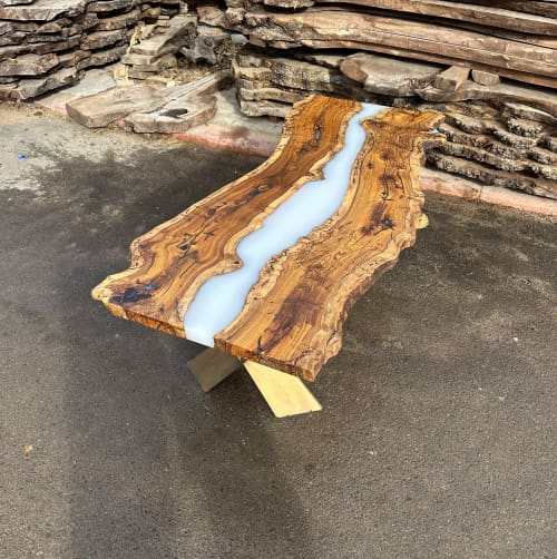 Live Edge Cream - White Epoxy Resin Hackberry Table | Dining Table in Tables by Tinella Collection. Item composed of wood in boho or minimalism style