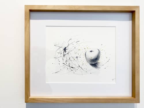 Wood Framed Black Ink Apple Drawing | Oil And Acrylic Painting in Paintings by NAMYOONSOOART. Item made of paper with synthetic