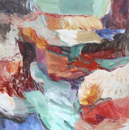 Mountain Lake | Oil And Acrylic Painting in Paintings by Simona Gocan. Item composed of canvas & synthetic