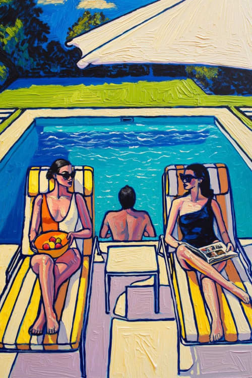 Poolside Glamour | Oil And Acrylic Painting in Paintings by Berezart. Item made of canvas works with contemporary & mediterranean style