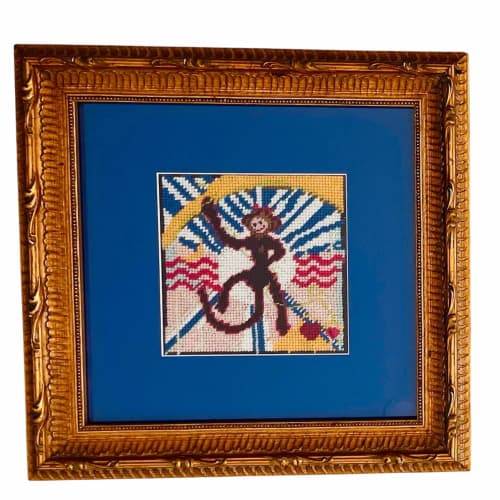 hand-embroidered needlepoint JUNGLE BOOGIE monkey art framed | Embroidery in Wall Hangings by Mommani Threads. Item made of wood & wool compatible with contemporary and eclectic & maximalism style
