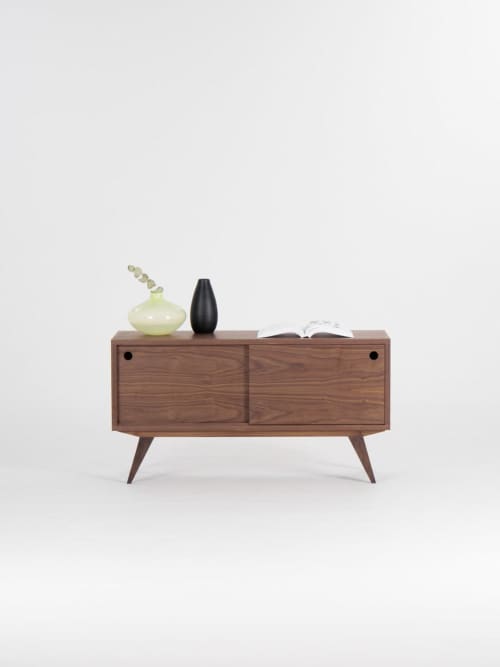 Media cabinet made of walnut wood, record player stand | Media Console in Storage by Mo Woodwork. Item made of wood compatible with minimalism and mid century modern style