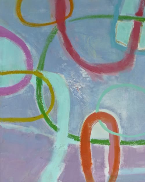 Abstract oil paintings above pink sofa | Oil And Acrylic Painting in Paintings by Trudie Tara Moulton. Item composed of canvas & synthetic