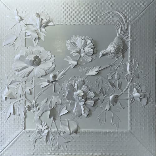 Peonies and pheasant | Mixed Media by carlo urgese. Item composed of paper compatible with contemporary and japandi style