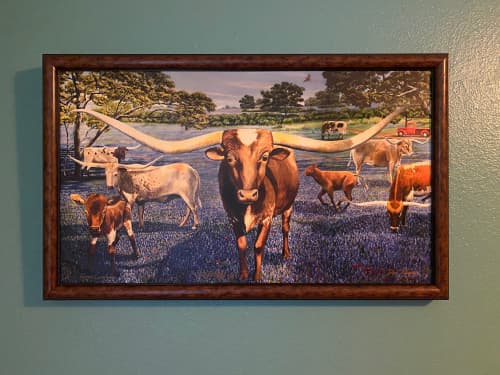Longhorns & Bluebonnets Giclee from Jackson Longhorn Ranch Mural | Oil And Acrylic Painting in Paintings by Dan Terry. Item made of wood with canvas