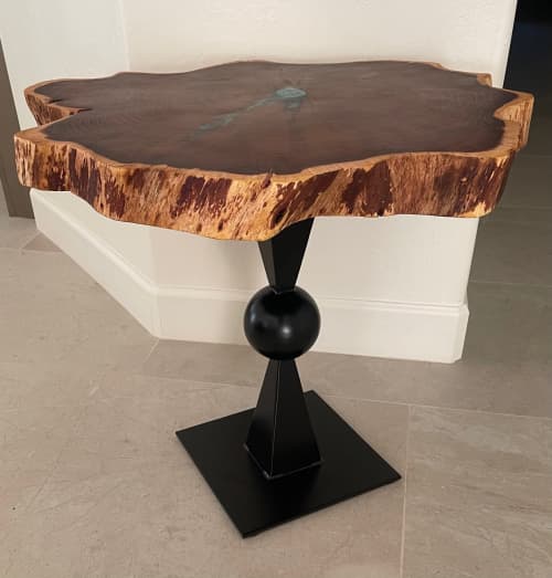 Live Edge Mesquite End Table w/Chrysocolla, Jasper, Copper | Tables by Natural Wood Edge Creations by Rick Griggs. Item composed of wood and metal in rustic or southwestern style
