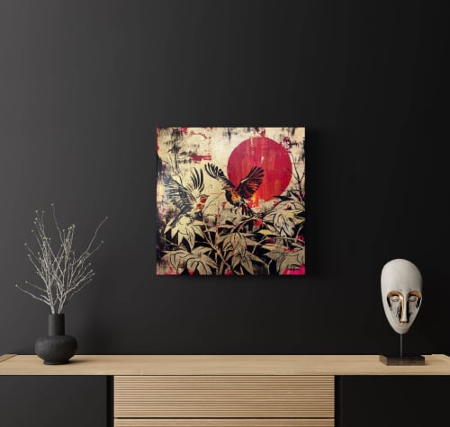 Secret garden, small painting | Mixed Media by Oplyart. Item made of canvas works with mid century modern & japandi style