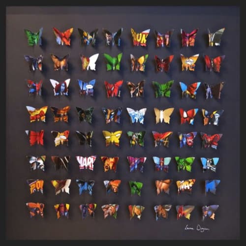 Superheroes Butterfly Box | Wall Sculpture in Wall Hangings by Lorna Doyan | Cavo Coffee in Houston. Item composed of wood and paper