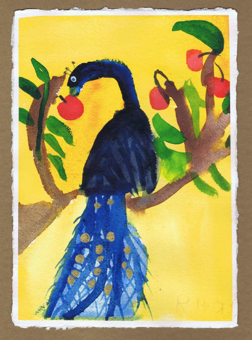 Peacock Eating Apple - Original Watercolor | Watercolor Painting in Paintings by Rita Winkler - My Art, My Shop -by Rita ... Where Every Stroke Speaks of Joy and Inclusion. Item made of paper compatible with contemporary and modern style