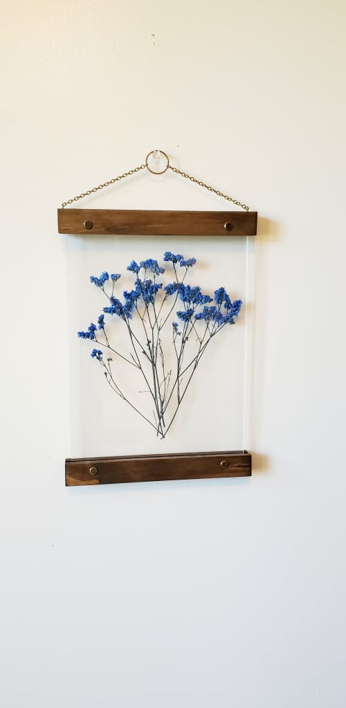Blue wall art pressed flower earthy bedroom decorations deco | Pressing in Art & Wall Decor by Studio Wildflower. Item made of wood with brass works with boho & country & farmhouse style