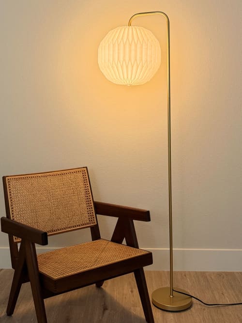 Gold floor lamp with a pleated round lampshade, globe shade | Lamps by Studio Pleat. Item composed of brass and paper in minimalism or contemporary style