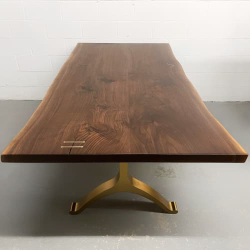 Walnut Slab Live Edge Brass Wishbone Dining Table | Tables by YJ Interiors. Item composed of walnut and brass in mid century modern or contemporary style