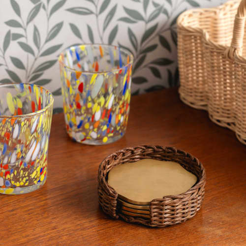 Wavy Brass Coasters with Rattan Holder (set of four) | Tableware by Hastshilp