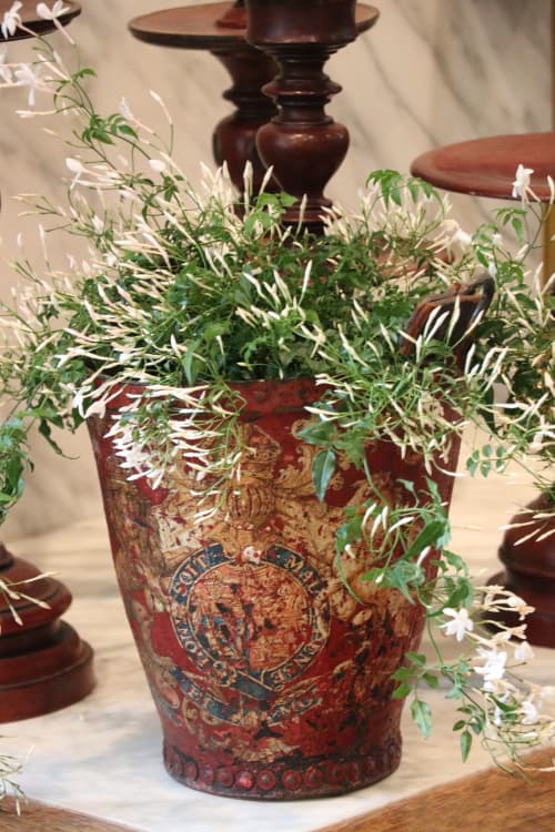 Antique Red Leather Fire Bucket | Fireplaces by Jonathan Rachman Design | SF Decorator Showcase 2019 in San Francisco. Item composed of leather