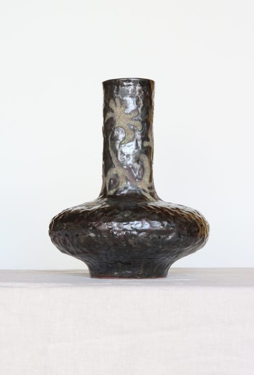 Tall Noir Vessel with Vine and Floral detail | Vases & Vessels by Twinette Poterie. Item composed of ceramic in minimalism or contemporary style