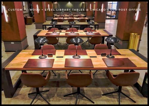 11-foot OAK + STEEL Library Table | Conference Table in Tables by Kramer Design Studio / Randall Kramer | The Old Post Office in Chicago. Item composed of oak wood and steel
