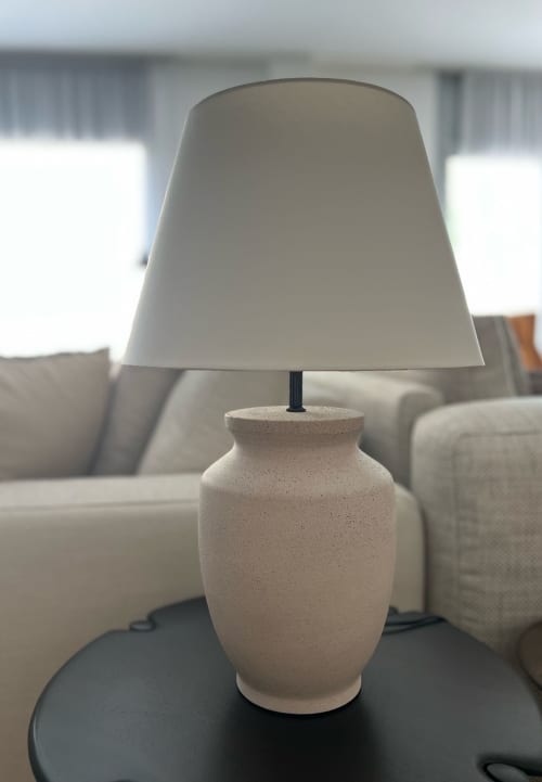 Skaro, barrel shaped stoneware table lamp with shade. | Lamps by ENOceramics | United Kingdom in London. Item made of fabric with steel works with country & farmhouse & eclectic & maximalism style