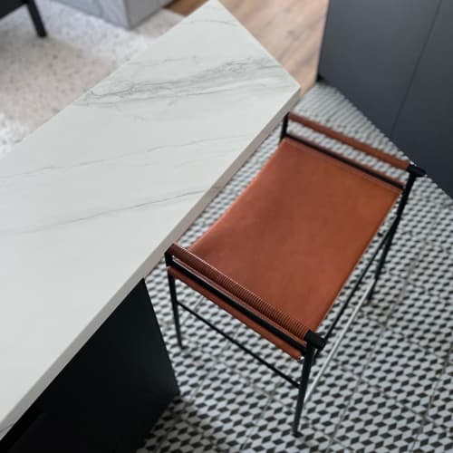 ¨Repose¨Bar Stool Natural Leather&Black Rubbered Steel Frame | Counter Stool in Chairs by Jover + Valls. Item composed of steel and leather in contemporary style