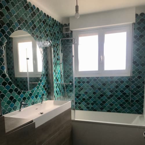 Handmade tiles bathroom fishscale jade | Tiles by GVEGA. Item made of cement