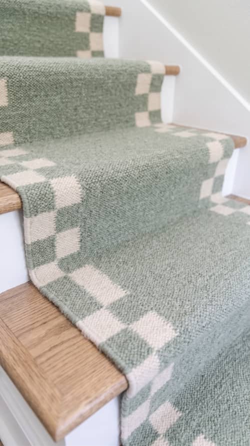Handwoven Woolen Green Runner Rug | Rugs by Evergreen Carpets. Item made of wool works with boho & minimalism style