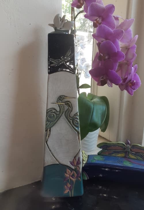 Skewed Obelisk - Herons and Dragonfly | Decorative Box in Decorative Objects by Black Lily Studio- Lee Bell. Item composed of ceramic in contemporary or coastal style