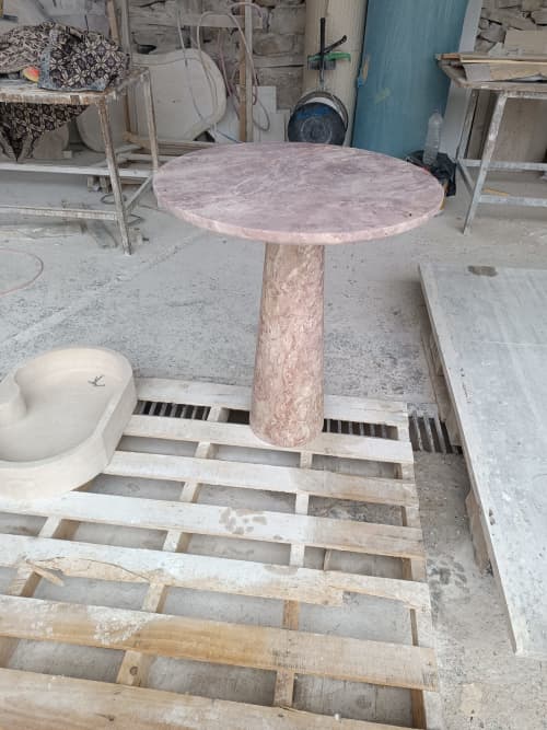 Dining Table  Red Travertine – The Sculptural Elegance | Tables by Babil Stone. Item composed of stone compatible with minimalism and art deco style