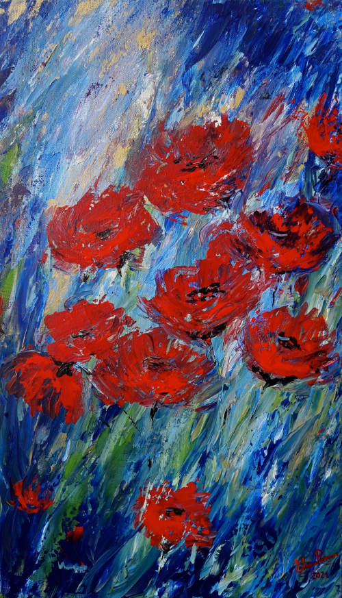 Poppies in the wind | Oil And Acrylic Painting in Paintings by Elena Parau. Item made of canvas works with contemporary & country & farmhouse style