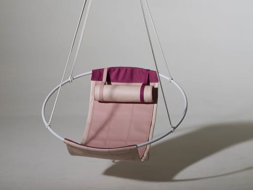 Modern Chic Outdoor hanging Sling Chair | Accent Chair in Chairs by Studio Stirling. Item made of fabric & steel compatible with minimalism and coastal style