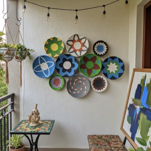 Boho Wicker Basket Wall Decor: Colorful African Design, Set | Decorative Plate in Decorative Objects by Sarmal Design. Item made of bamboo with cotton works with boho & contemporary style