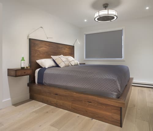 Custom Walnut Platform Bed With Floating Nightstands | Beds & Accessories by Kenichi Woodworking. Item made of walnut with steel