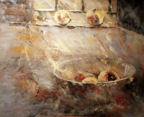 Granadas en la ventana (Pomegranates at the Window) | Drawing in Paintings by Jesnagar. Item composed of wood in contemporary or country & farmhouse style