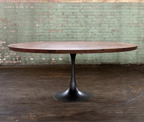 Oval Pedestal Base Dining Table | Solid Wood Top Cast Iron " | Tables by Alabama Sawyer. Item made of oak wood with metal