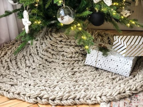 Knitted Christmas tree skirt in champagne color | Small Rug in Rugs by Anzy Home. Item composed of cotton